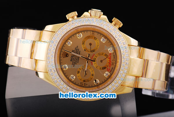 Rolex Daytona Chronograph Automatic Full Gold with Diamond Bezel and Khaki Dial - Click Image to Close